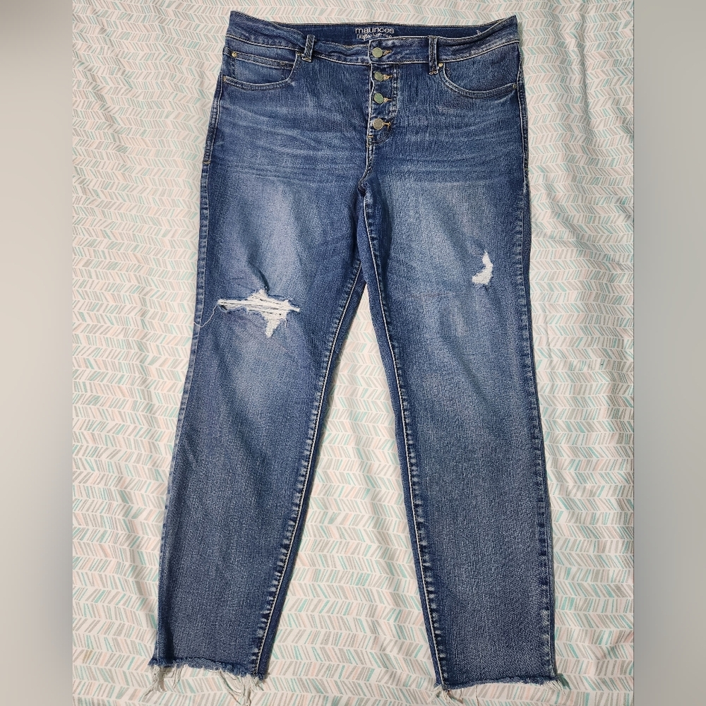 Maurices Dark Blue Skinny Jeans with Distressed Details